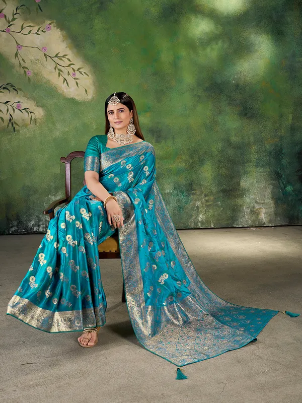 Teal_Blue_Banarasi_Jacquard_Zari_Woven_Saree_With_Unstitched_Blouse_Default_Title