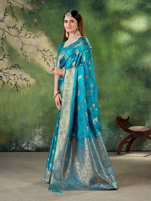 Teal_Blue_Banarasi_Jacquard_Zari_Woven_Saree_With_Unstitched_Blouse_Default_Title