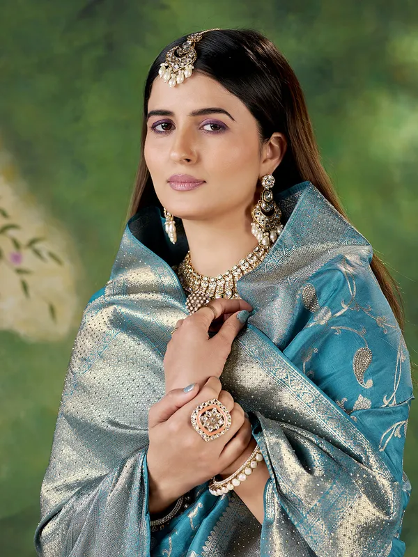 Teal_Blue_Jacquard_Zari_Woven_Banarasi_Saree_For_Women