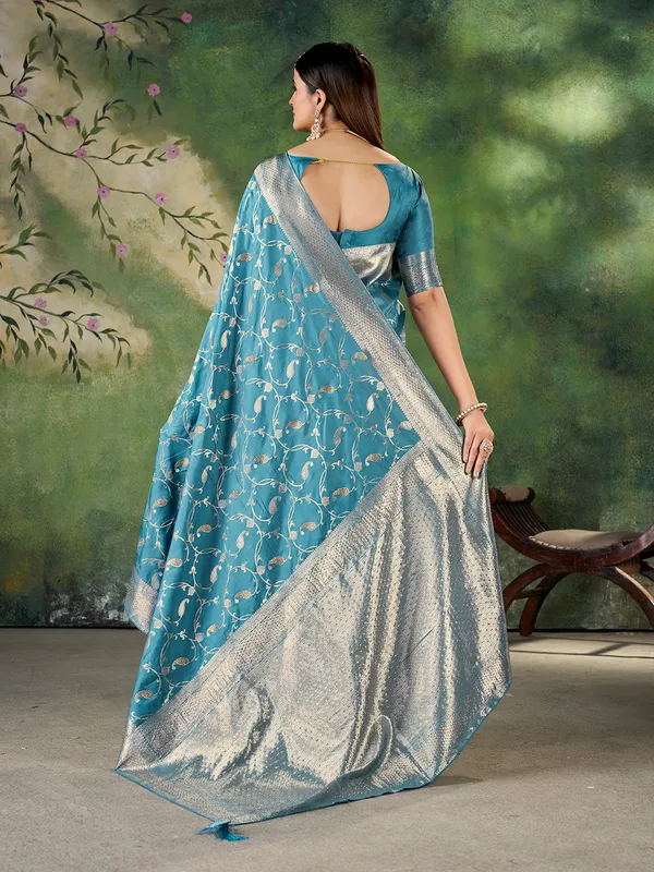 Teal_Blue_Jacquard_Zari_Woven_Banarasi_Saree_For_Women