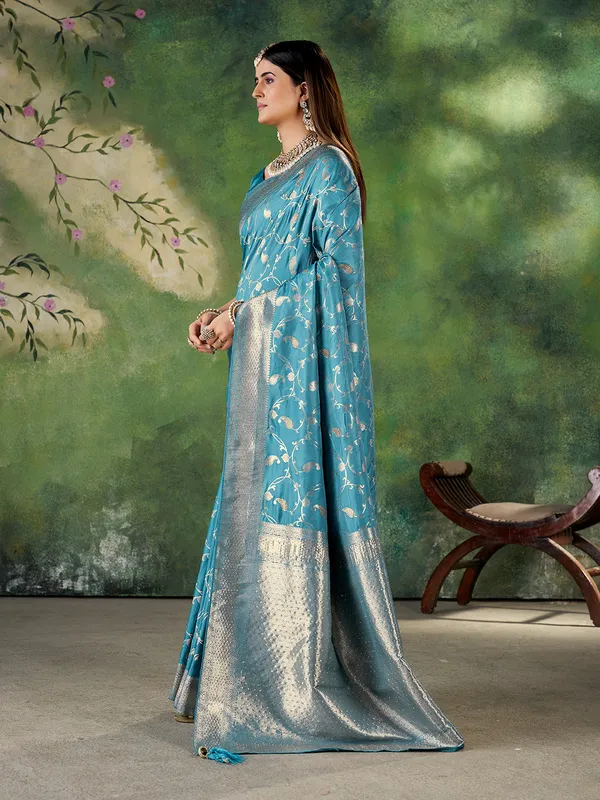Teal_Blue_Jacquard_Zari_Woven_Banarasi_Saree_For_Women