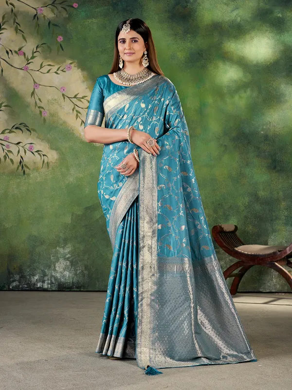 Teal_Blue_Jacquard_Zari_Woven_Banarasi_Saree_For_Women