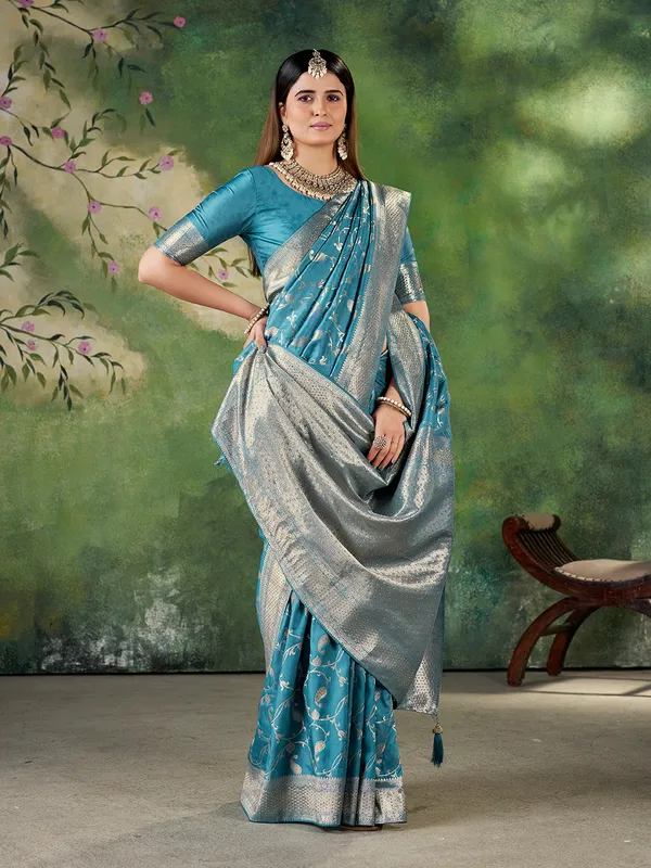 Teal_Blue_Jacquard_Zari_Woven_Banarasi_Saree_For_Women