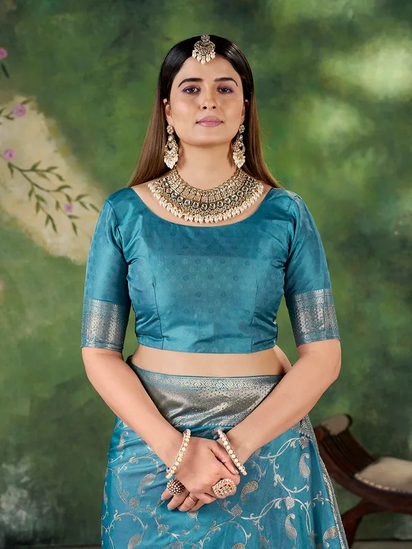 Teal_Blue_Jacquard_Zari_Woven_Banarasi_Saree_For_Women