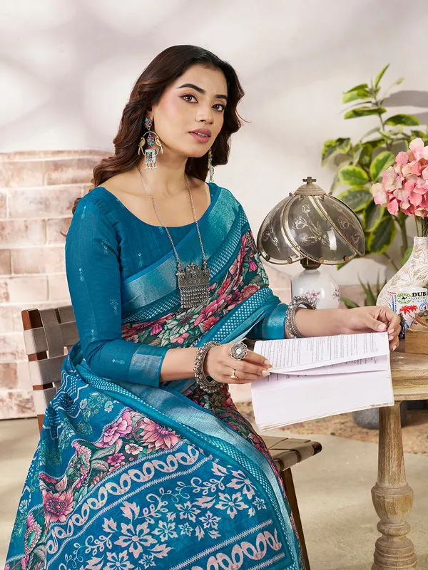 Teal_Blue_Cotton_Floral_Printed_Border_Saree_For_Women