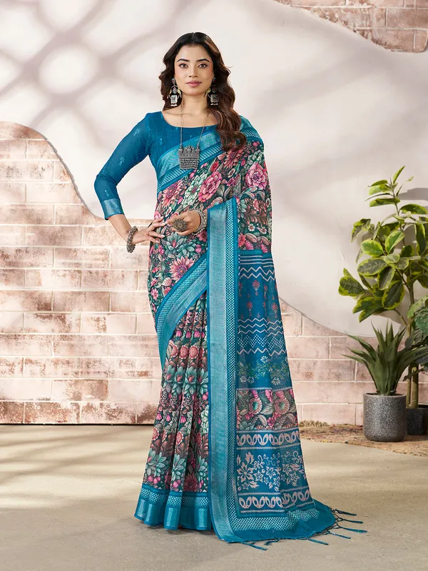 Teal_Blue_Cotton_Floral_Printed_Border_Saree_For_Women