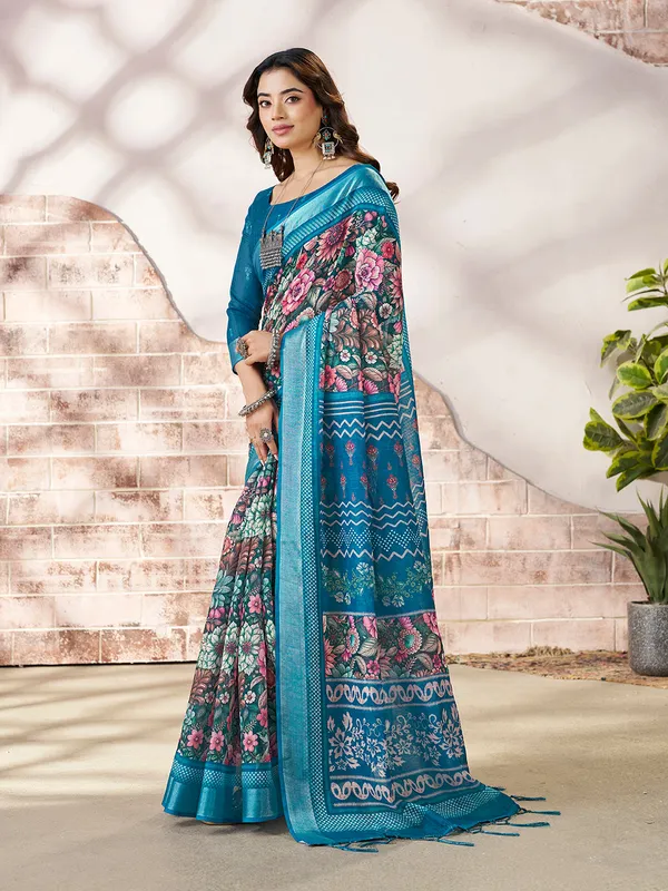 Teal_Blue_Cotton_Floral_Printed_Border_Saree_For_Women