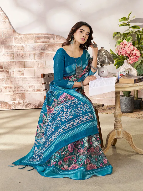 Teal_Blue_Cotton_Floral_Printed_Border_Saree_For_Women