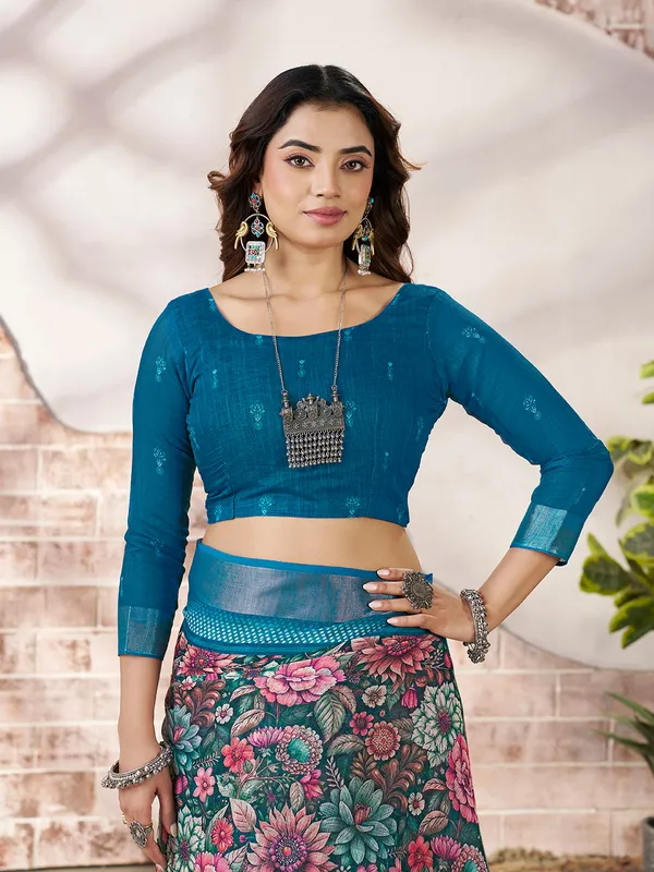 Teal_Blue_Cotton_Floral_Printed_Border_Saree_For_Women