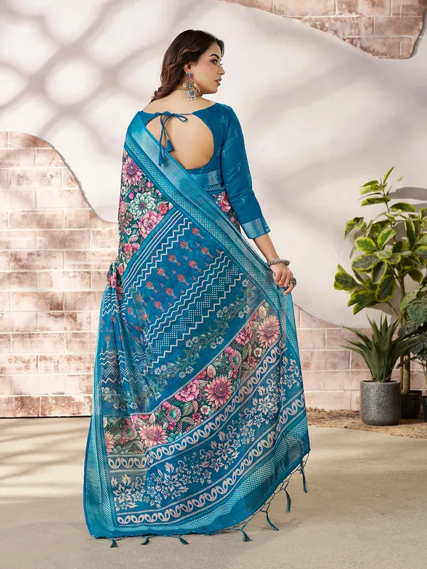 Teal_Blue_Cotton_Floral_Printed_Border_Saree_For_Women