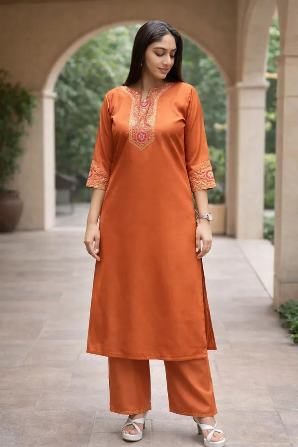 Rust_Orange_Roman_Silk_Embroidered_Khatli_Work_Palazzo_Set_For_Women