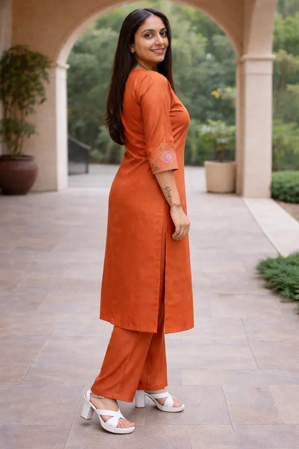 Rust_Orange_Roman_Silk_Embroidered_Khatli_Work_Palazzo_Set_For_Women