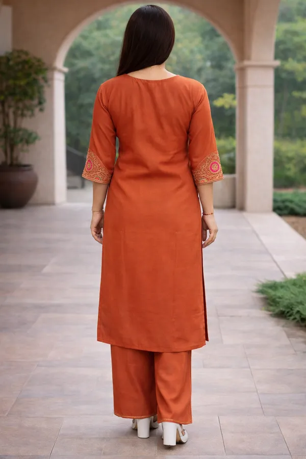 Rust_Orange_Roman_Silk_Embroidered_Khatli_Work_Palazzo_Set_For_Women