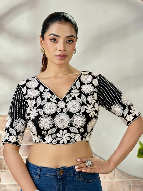 Black_Blueberry_Fabric_Embroidered_Beaded_Blouse_For_Women