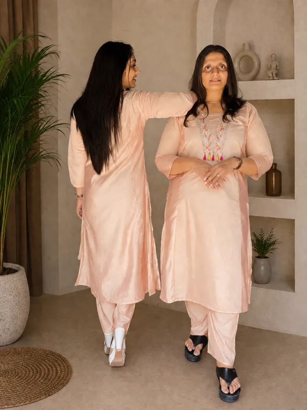 Peach_Titan_Silk_Embroidered_Mirror_Work_Kurti_Set_For_Women