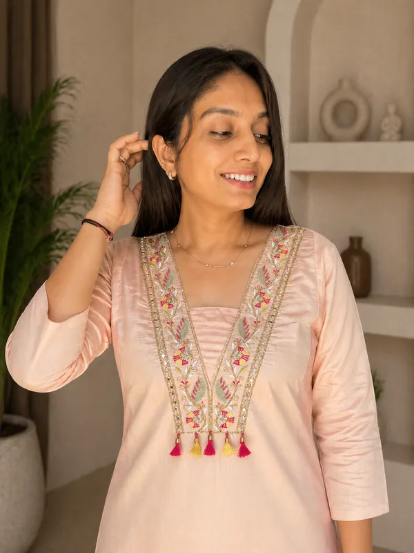 Peach_Titan_Silk_Embroidered_Mirror_Work_Kurti_Set_For_Women