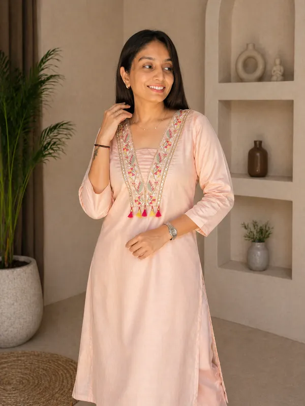 Peach_Titan_Silk_Embroidered_Mirror_Work_Kurti_Set_For_Women