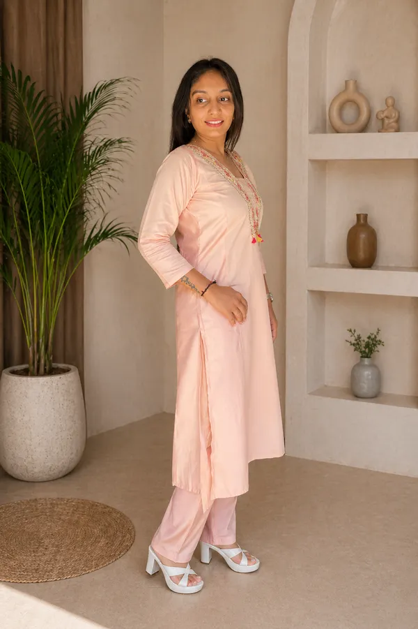 Peach_Titan_Silk_Embroidered_Mirror_Work_Kurti_Set_For_Women