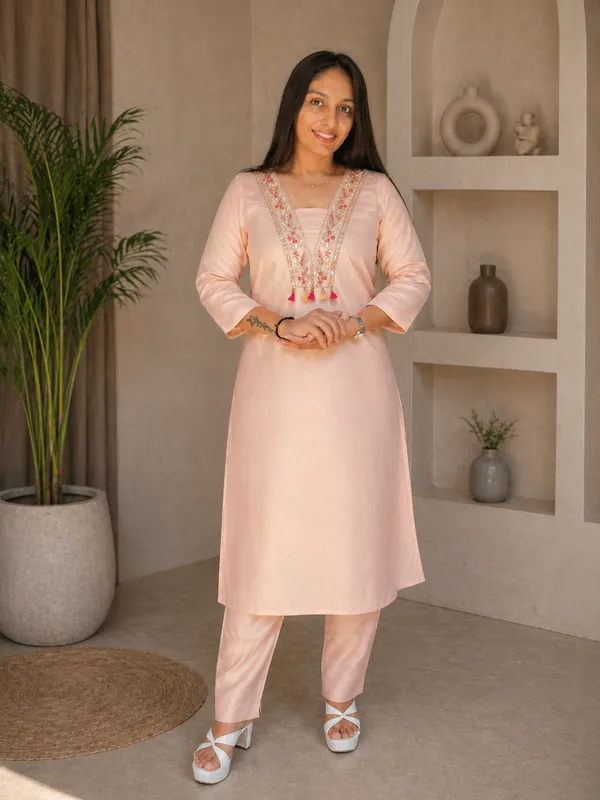 Peach_Titan_Silk_Embroidered_Mirror_Work_Kurti_Set_For_Women