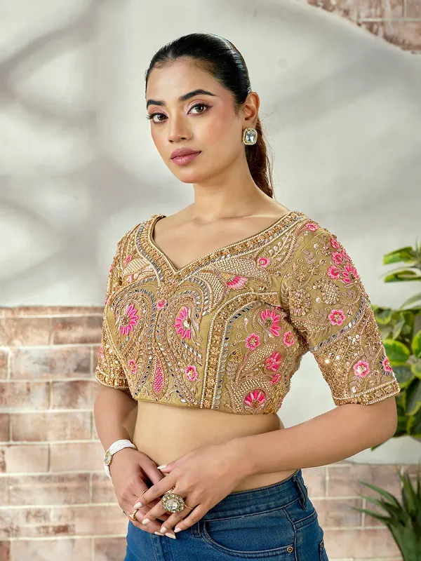 Olive_Gold_Embroidered_Mirror_Work_Bridal_Blouse_For_Women