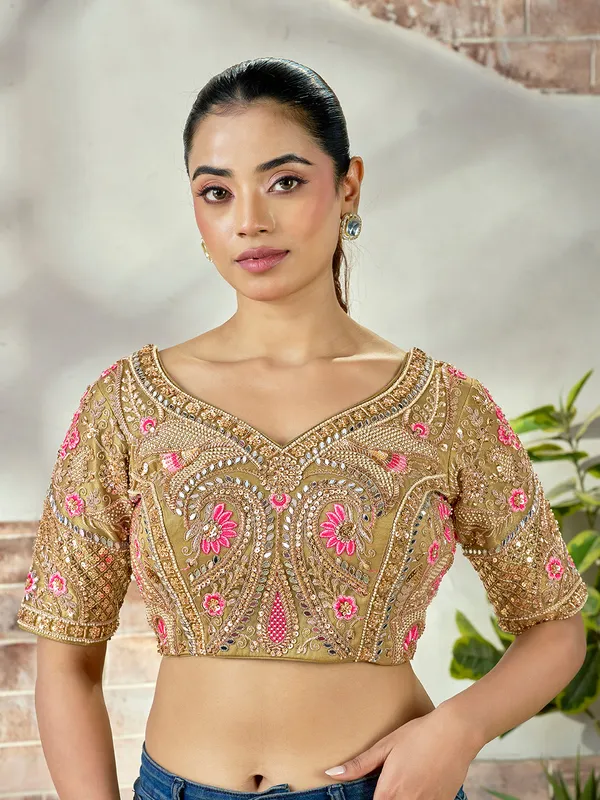 Olive_Gold_Embroidered_Mirror_Work_Bridal_Blouse_For_Women