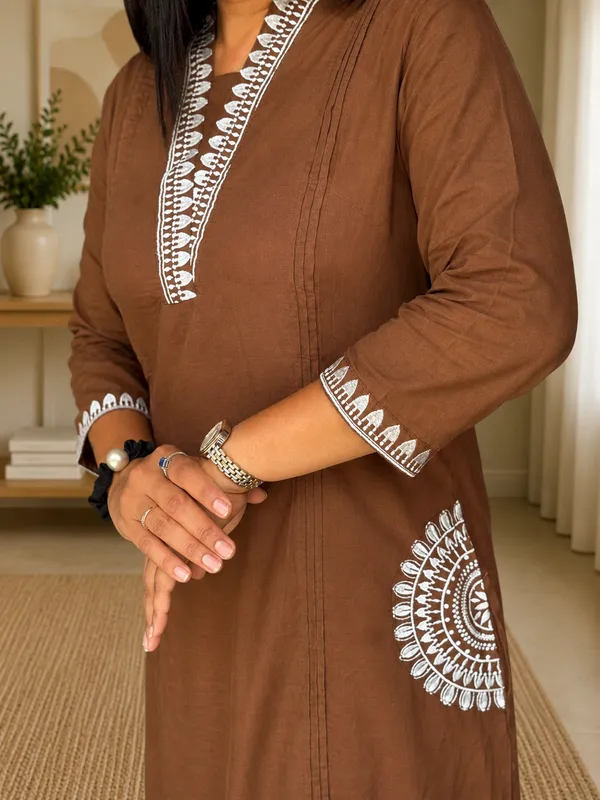 Coffee_Brown_Embroidered_Straight_Kurta_Set_For_Women