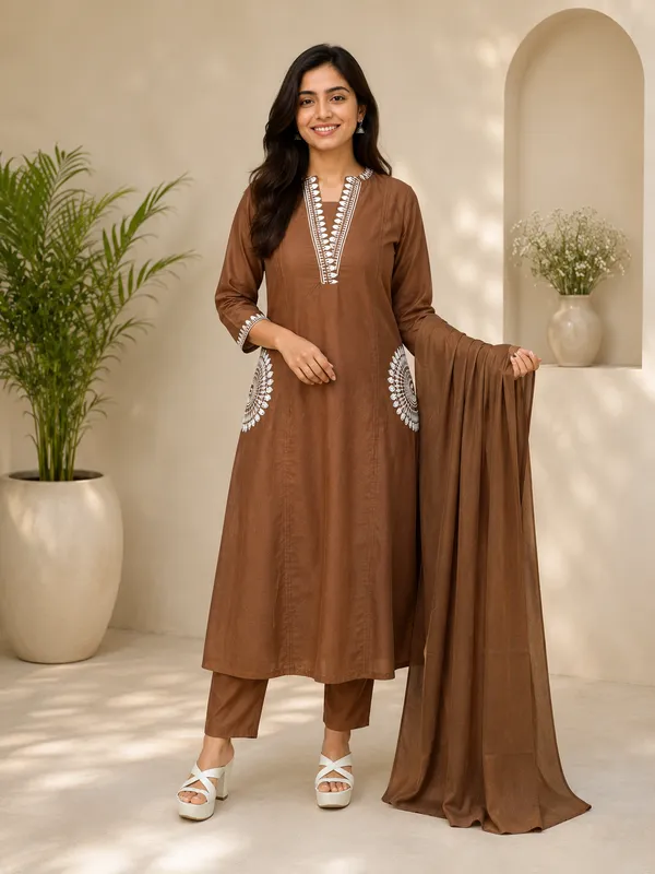 Coffee_Brown_Embroidered_Straight_Kurta_Set_For_Women