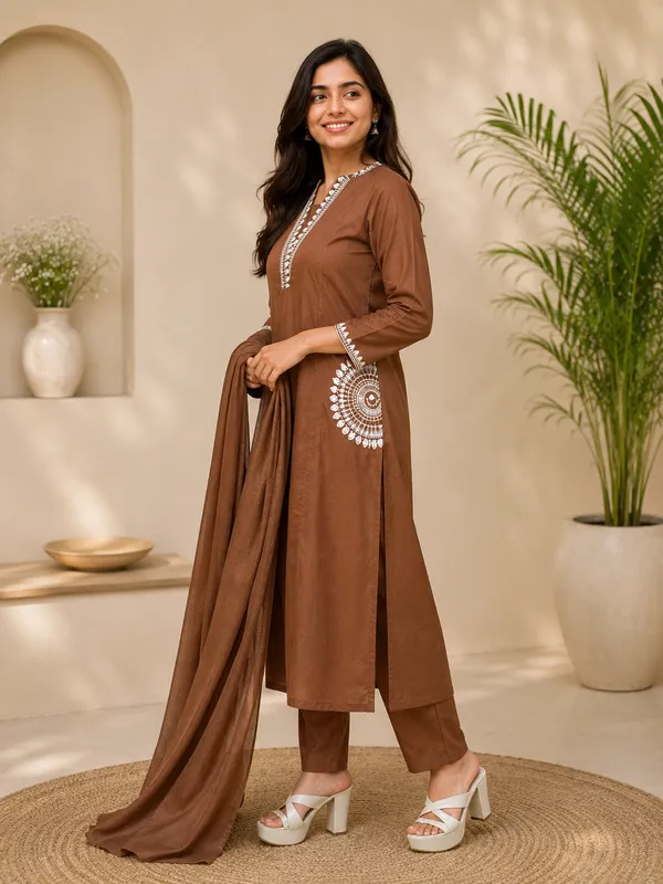 Coffee_Brown_Embroidered_Straight_Kurta_Set_For_Women