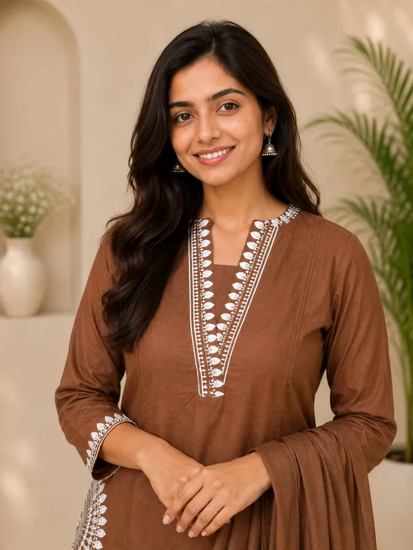 Coffee_Brown_Embroidered_Straight_Kurta_Set_For_Women