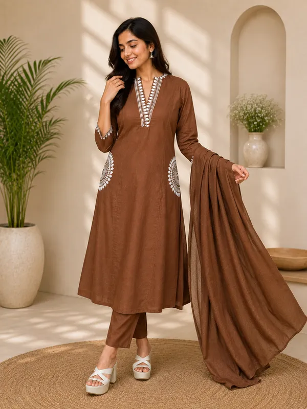 Coffee_Brown_Embroidered_Straight_Kurta_Set_For_Women