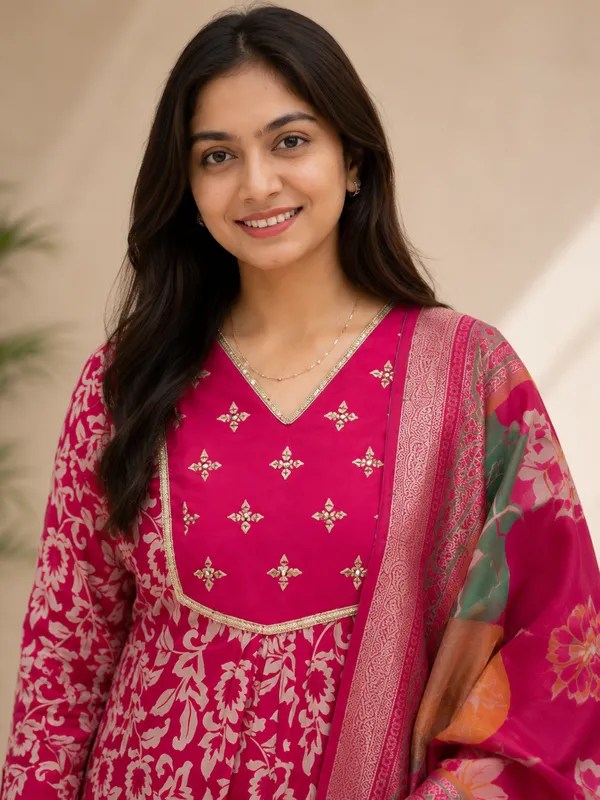 Rani_Pink_Cotton_Silk_Floral_Printed_Kurta_Set_For_Women