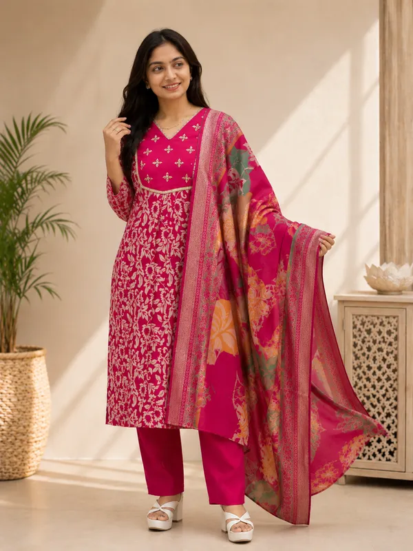 Rani_Pink_Cotton_Silk_Floral_Printed_Kurta_Set_For_Women