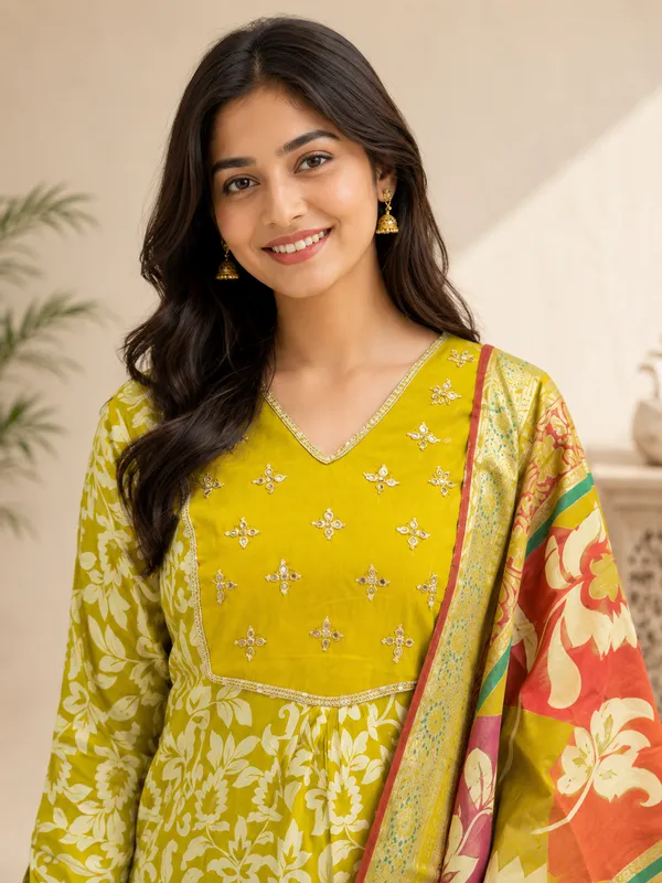 Olive_Green_Cotton_Silk_Floral_Printed_Kurta_Set_For_Women