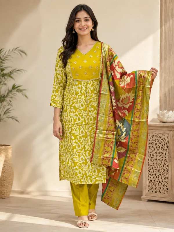 Olive_Green_Cotton_Silk_Floral_Printed_Kurta_Set_For_Women