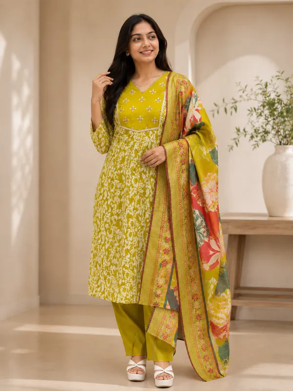 Olive_Green_Cotton_Silk_Floral_Printed_Kurta_Set_For_Women