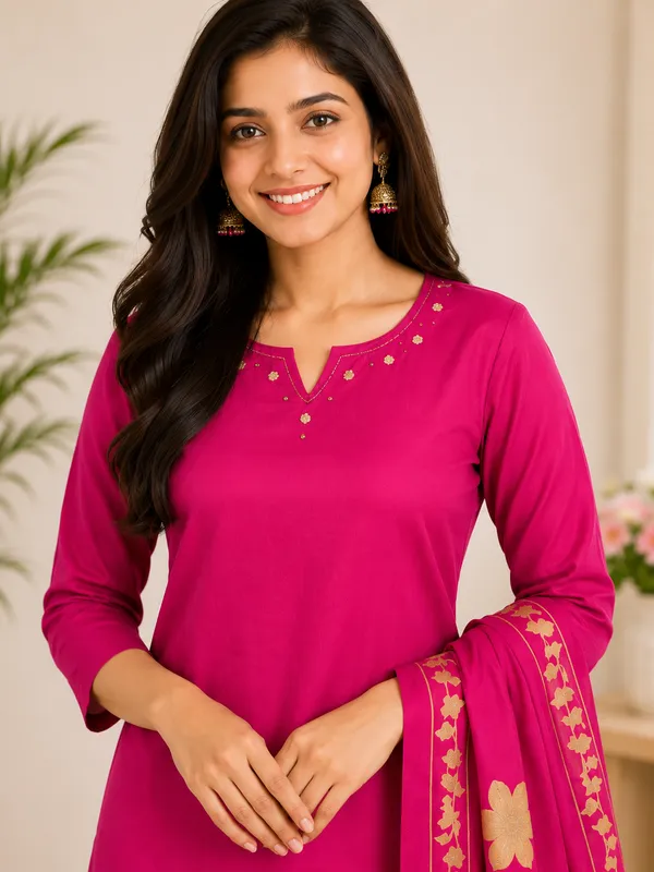Rani_Pink_Floral_Print_Straight_Kurta_Set_With_Dupatta