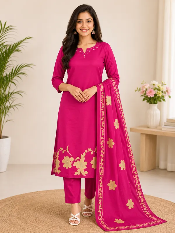 Rani_Pink_Floral_Print_Straight_Kurta_Set_With_Dupatta