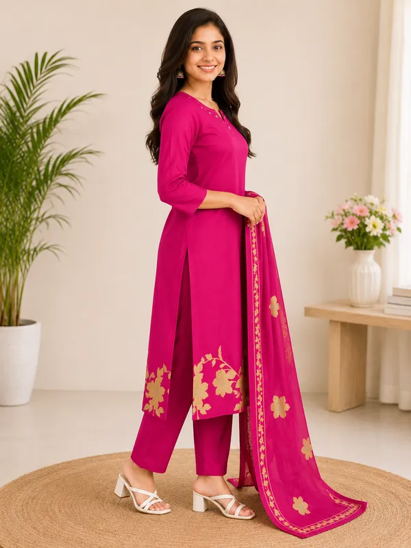 Rani_Pink_Floral_Print_Straight_Kurta_Set_With_Dupatta