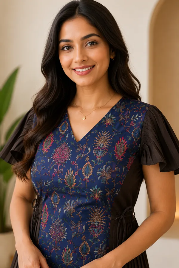 Navy_Blue_Cotton_Embroidered_Pleated_Indo_Western_Co-Ord_Set_For_Women
