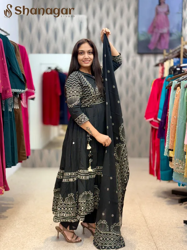 Black_Cotton_Anarkali_Printed_Kurti_Set_With_Dupatta_For_Women