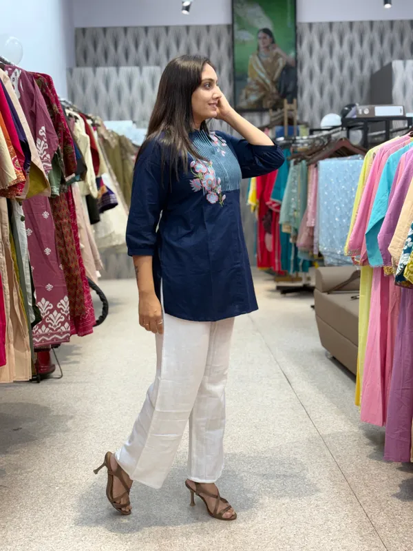 Navy_Blue_Floral_Embroidered_Striped_Yoke_Tunic_For_Women