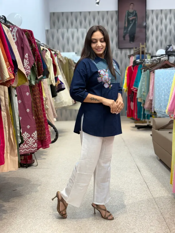 Navy_Blue_Floral_Embroidered_Striped_Yoke_Tunic_For_Women