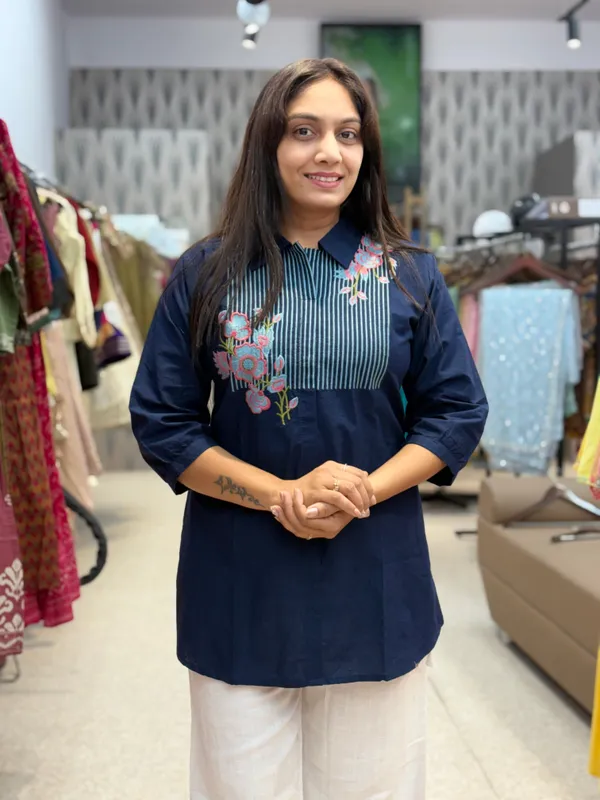 Navy_Blue_Floral_Embroidered_Striped_Yoke_Tunic_For_Women