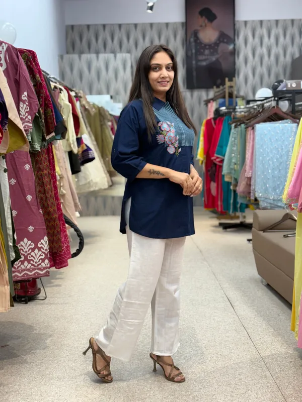 Navy_Blue_Floral_Embroidered_Striped_Yoke_Tunic_For_Women