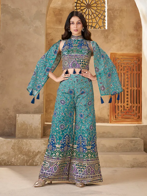 Teal_Sequin_Embroidered_Crop_Top_Palazzo_Cape_Set_For_Women