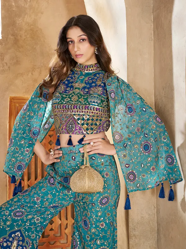 Teal_Sequin_Embroidered_Crop_Top_Palazzo_Cape_Set_For_Women