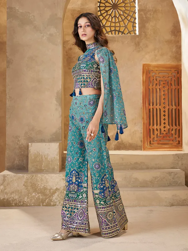 Teal_Sequin_Embroidered_Crop_Top_Palazzo_Cape_Set_For_Women
