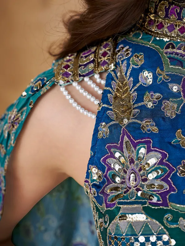 Teal_Sequin_Embroidered_Crop_Top_Palazzo_Cape_Set_For_Women