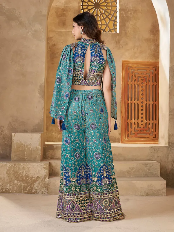 Teal_Sequin_Embroidered_Crop_Top_Palazzo_Cape_Set_For_Women