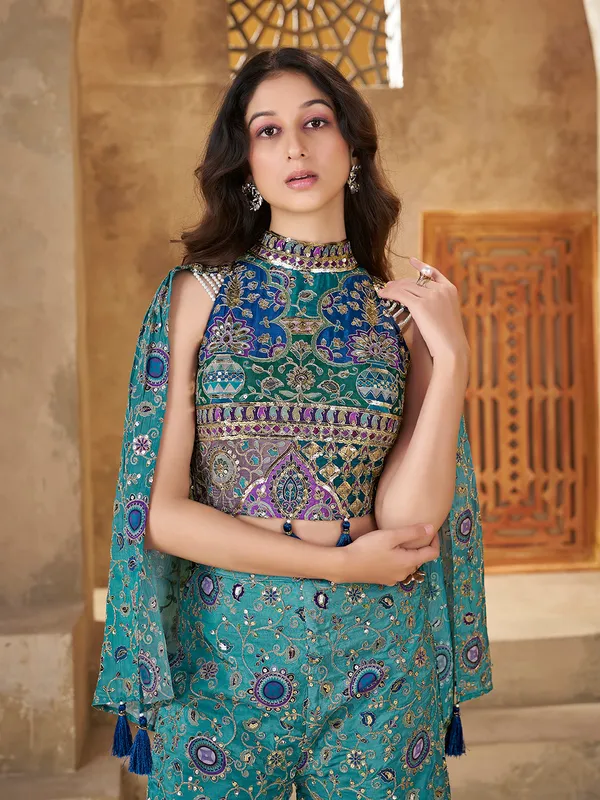 Teal_Sequin_Embroidered_Crop_Top_Palazzo_Cape_Set_For_Women